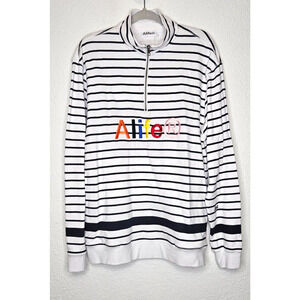 Alife Mens Half Zip Pullover Sweatshirt XL White Black Striped Funnel Neck Retro